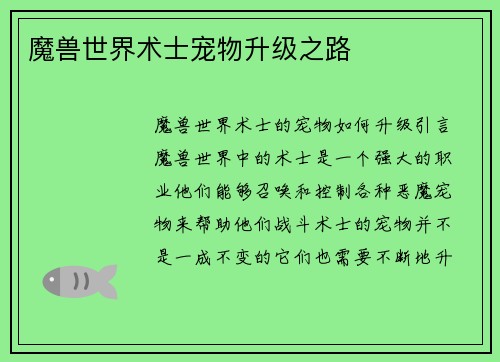 魔兽世界术士宠物升级之路