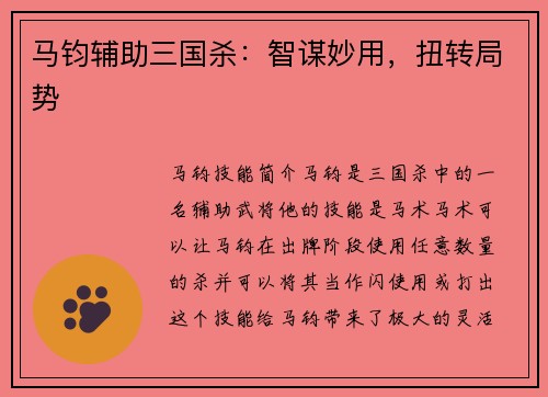 马钧辅助三国杀：智谋妙用，扭转局势